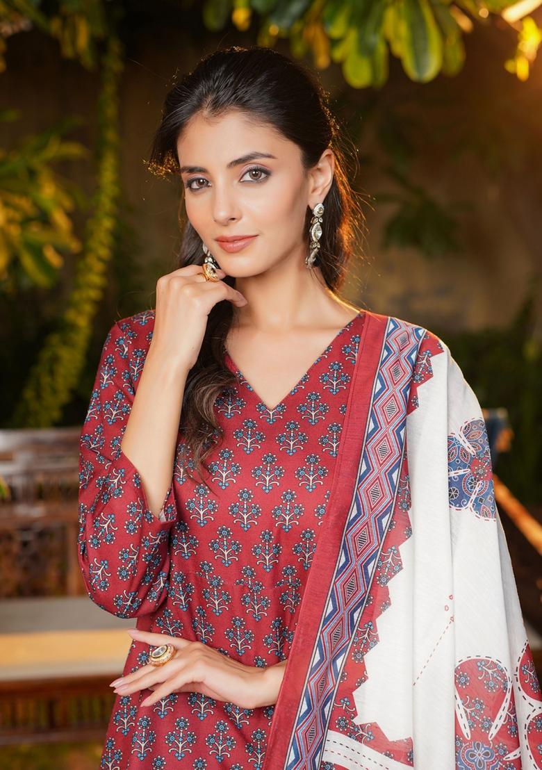 Maroon Floral Print Rayon Palazzo Set - Indya