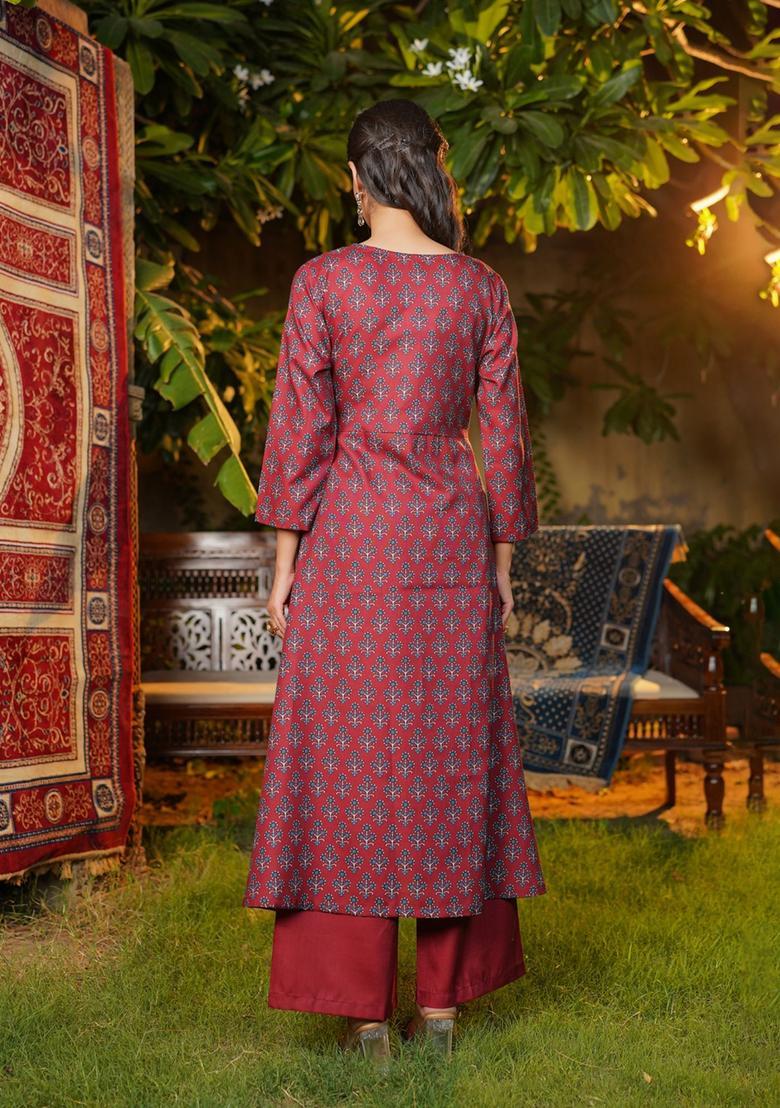 Maroon Floral Print Rayon Palazzo Set - Indya