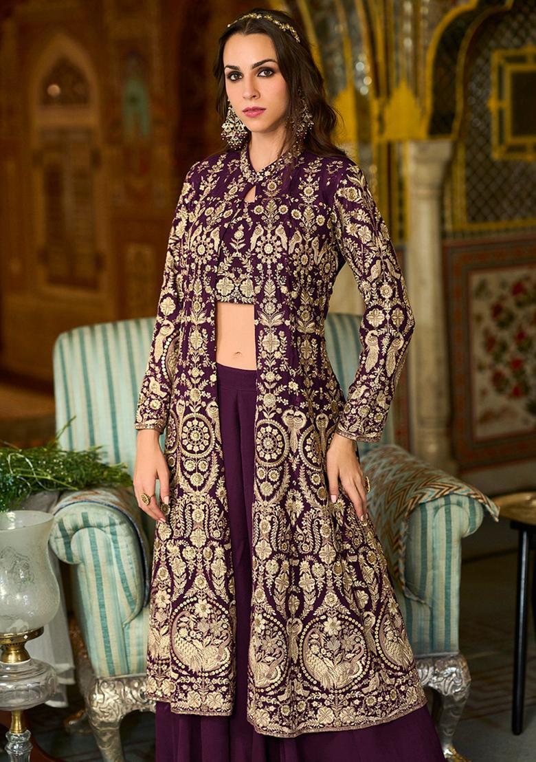 Purple Embroidery Georgette Jacket Set - Indya