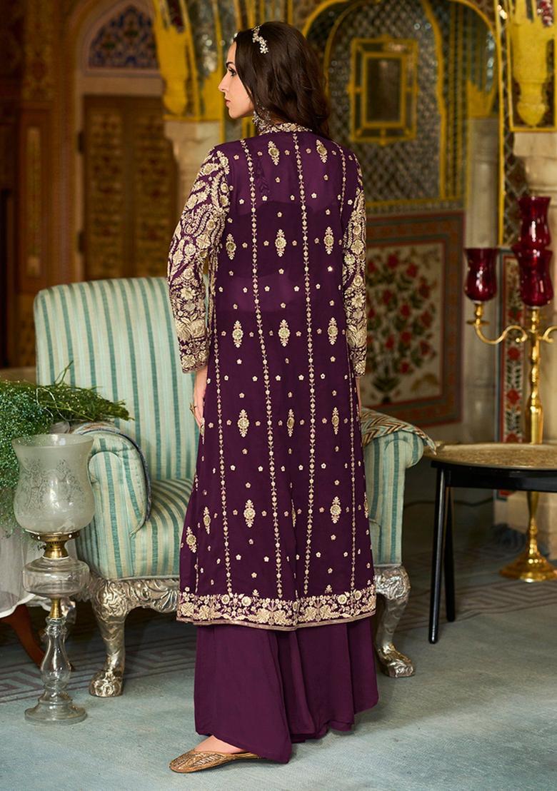 Purple Embroidery Georgette Jacket Set - Indya
