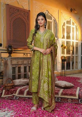 Green Printed Silk Kurta Set