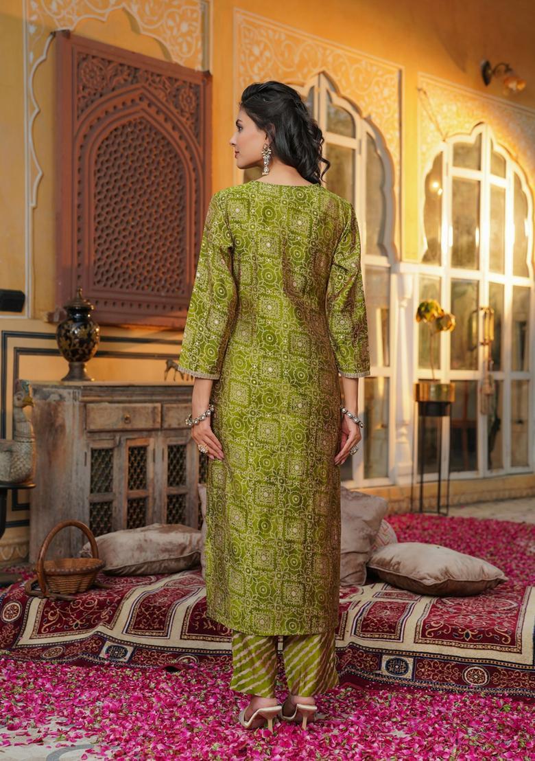 Green Printed Silk Kurta Set - Indya
