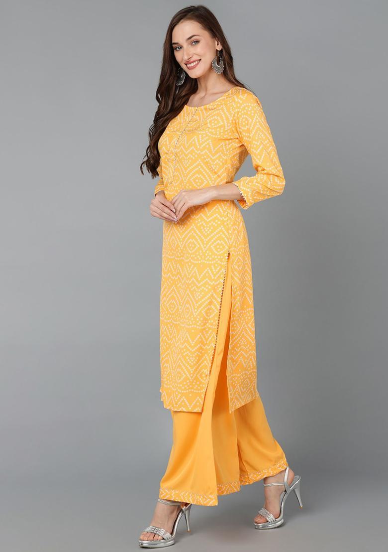 Yellow Printed Crepe Palazzo Set - Indya