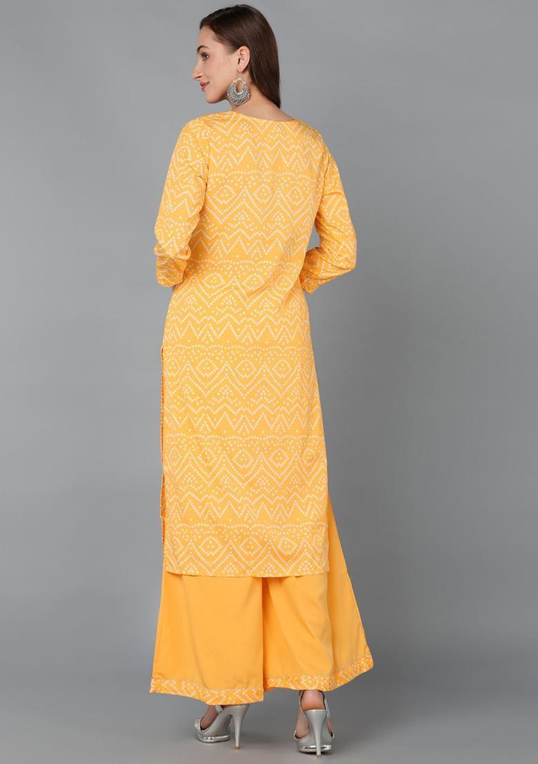 Yellow Printed Crepe Palazzo Set - Indya