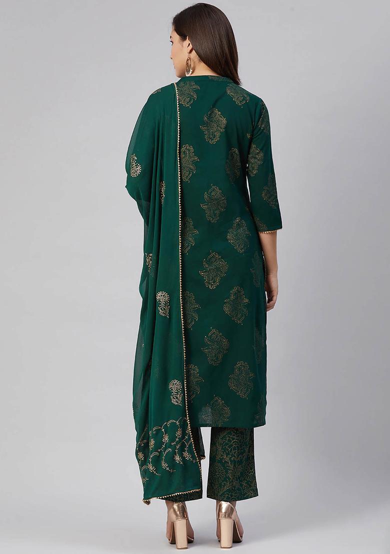 Green Printed Cotton Kurta Set - Indya