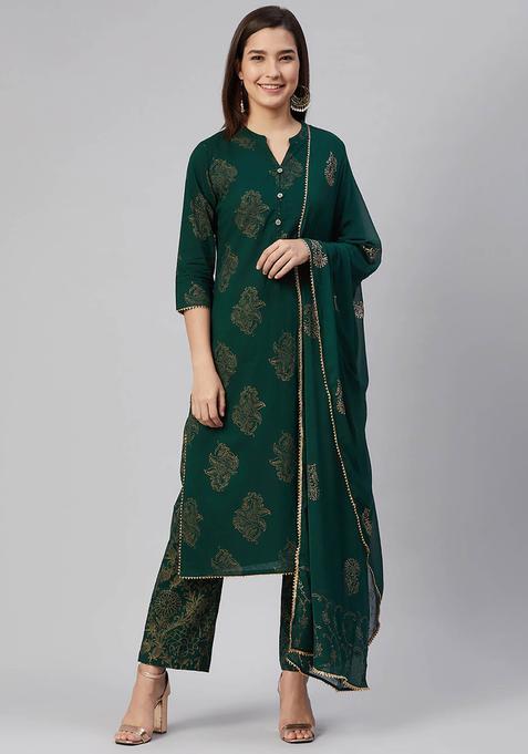 Green Printed Cotton Kurta Set — view on Indya