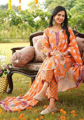 Orange Floral Print Rayon Kurta Set