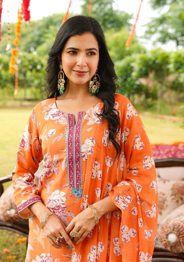 Orange Floral Print Rayon Kurta Set - Indya