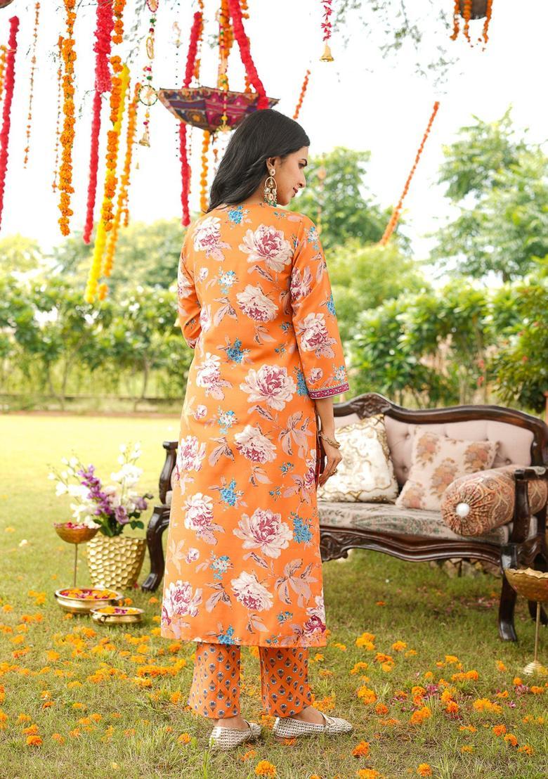 Orange Floral Print Rayon Kurta Set - Indya
