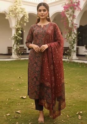 Brown Floral Print Rayon Kurta Set