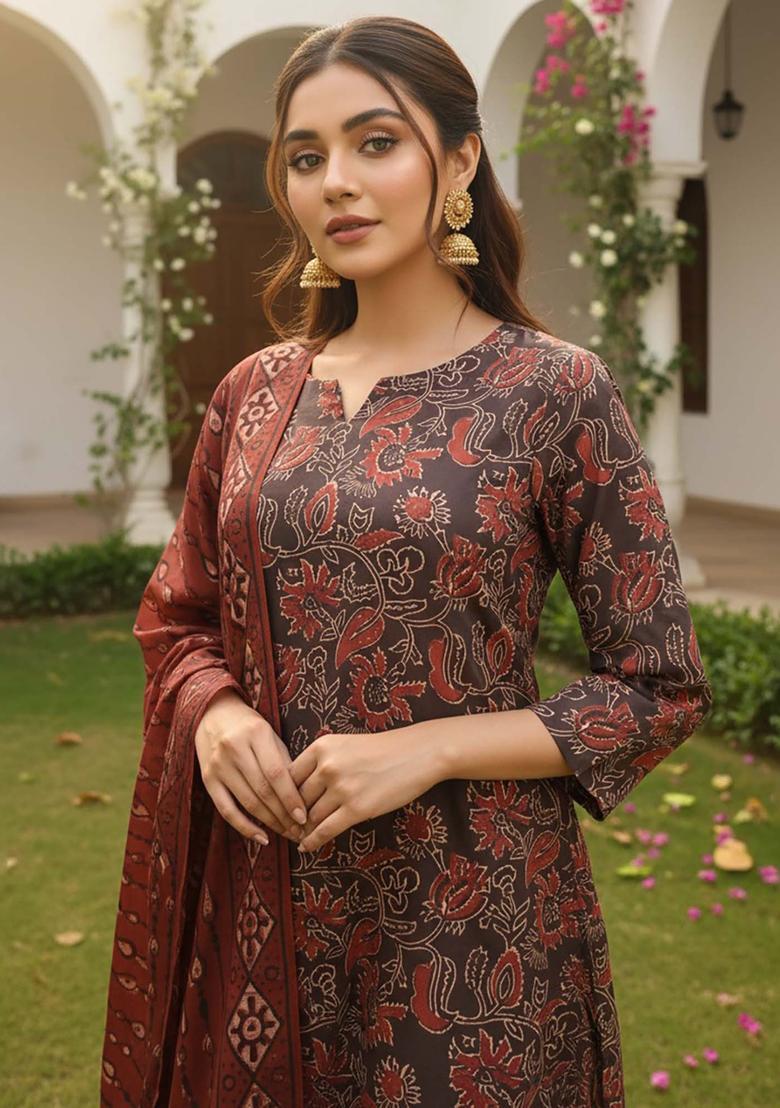 Brown Floral Print Rayon Kurta Set - Indya