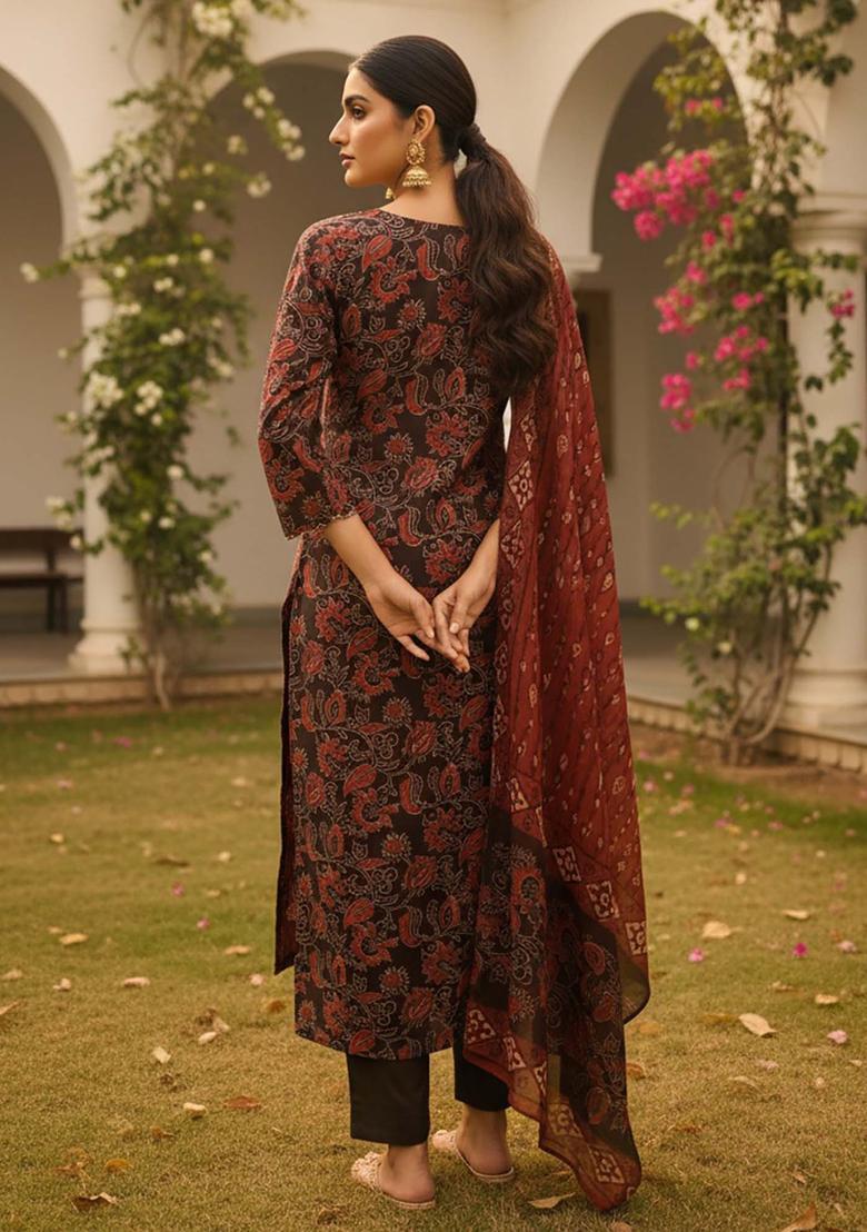 Brown Floral Print Rayon Kurta Set - Indya