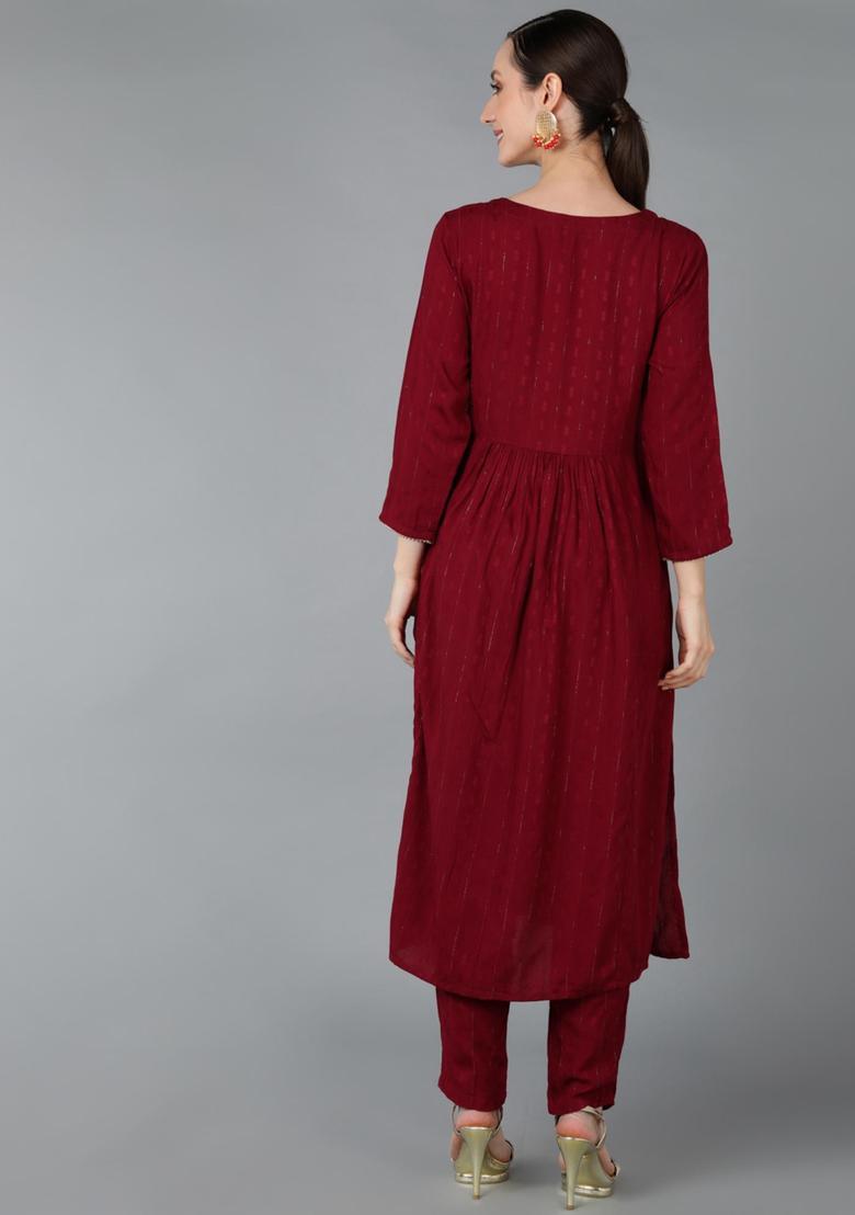 Maroon Solid Blended Kurta Set - Indya