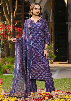 Blue Floral Print Rayon Kurta Set