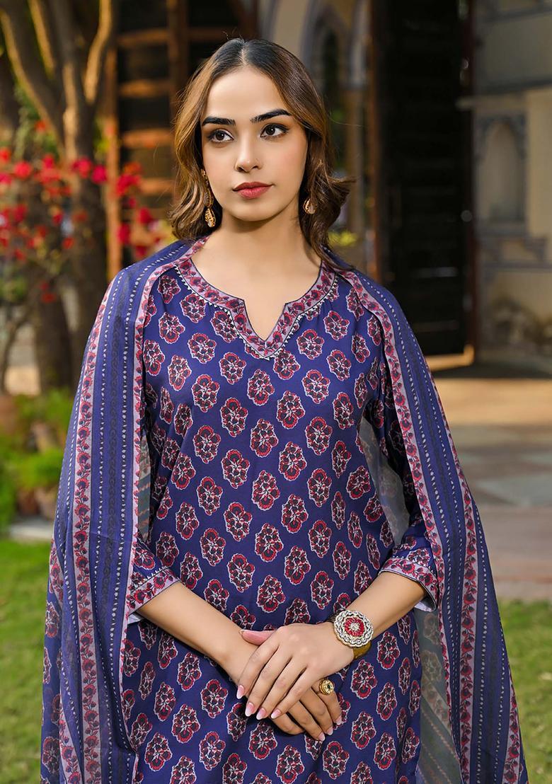 Blue Floral Print Rayon Kurta Set - Indya