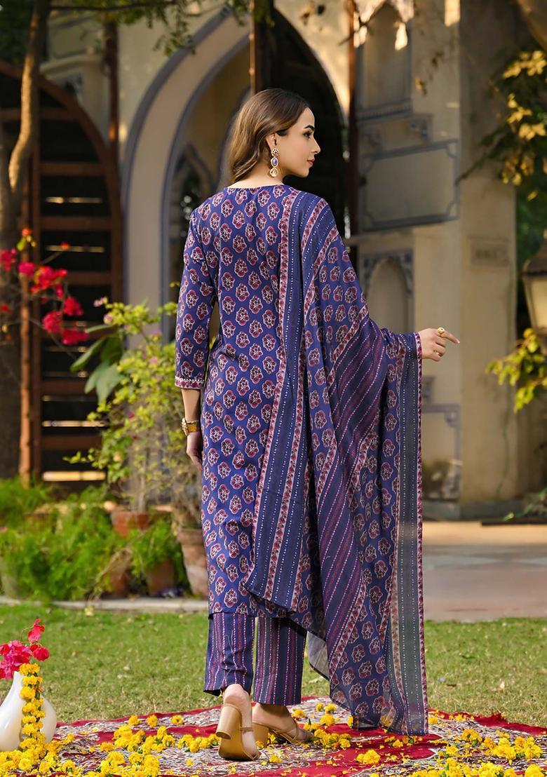 Blue Floral Print Rayon Kurta Set - Indya