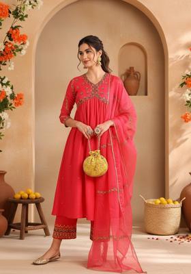 Pink Embroidery Silk Kurta Set