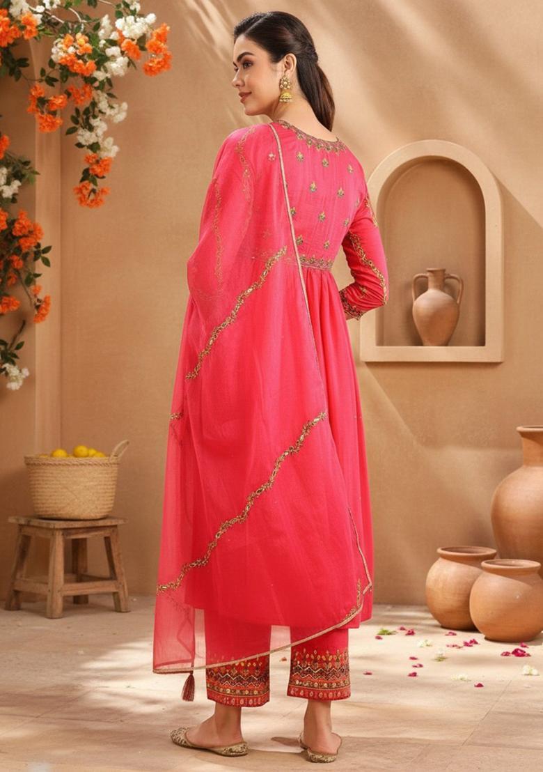 Pink Embroidery Silk Kurta Set - Indya