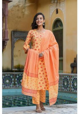 Orange Printed Cotton Kurta Set