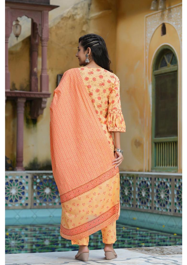 Orange Printed Cotton Kurta Set - Indya