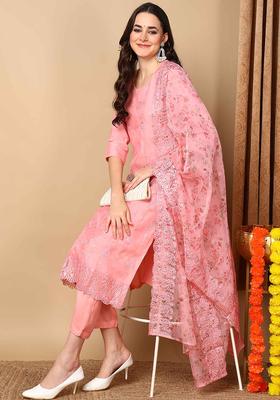 Pink Floral Print Organza Kurta Set