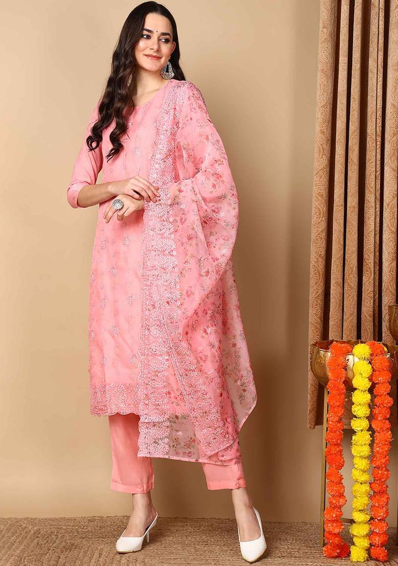 Pink Floral Print Organza Kurta Set - Indya