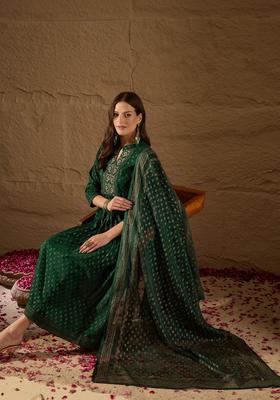 Green Embroidery Silk Anarkali Set