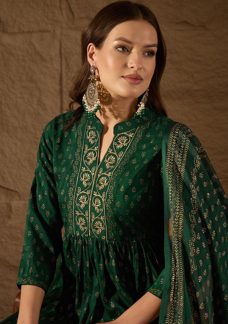 Green Embroidery Silk Anarkali Set - Indya