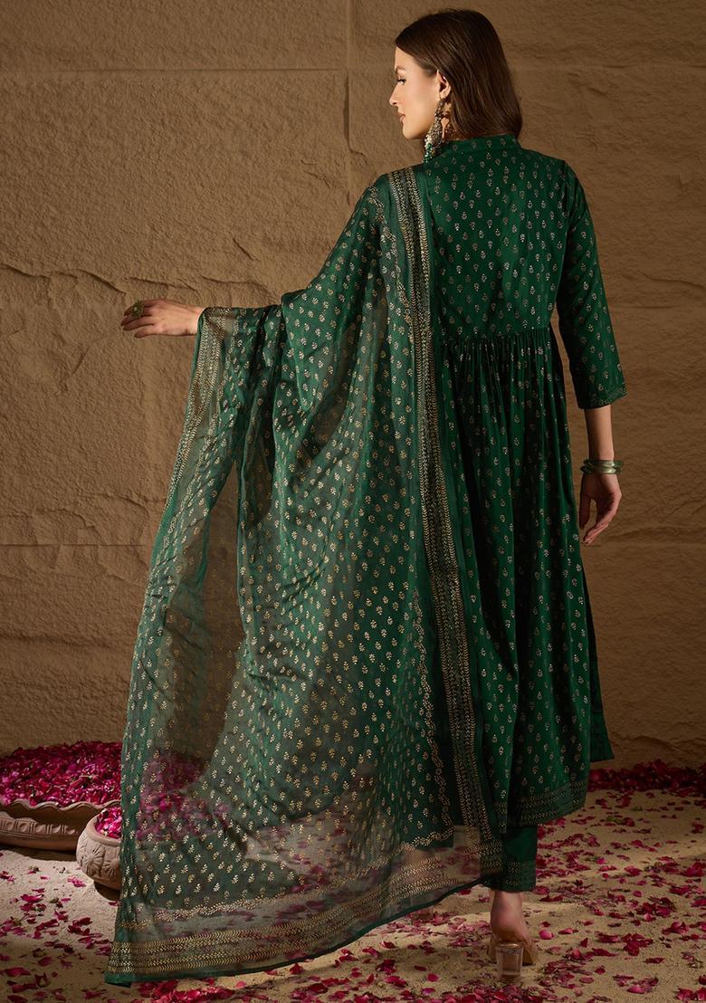 Green Embroidery Silk Anarkali Set - Indya