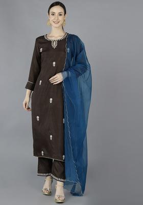 Chocolate Brown Embroidery Silk Kurta Set