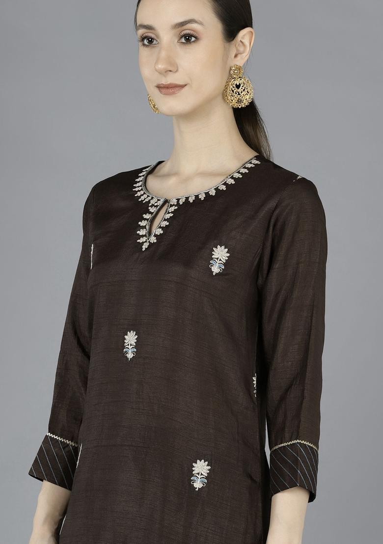 Chocolate Brown Embroidery Silk Kurta Set - Indya