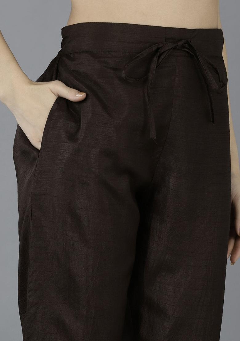 Chocolate Brown Embroidery Silk Kurta Set - Indya