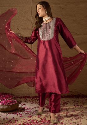 Maroon Embroidery Silk Kurta Set