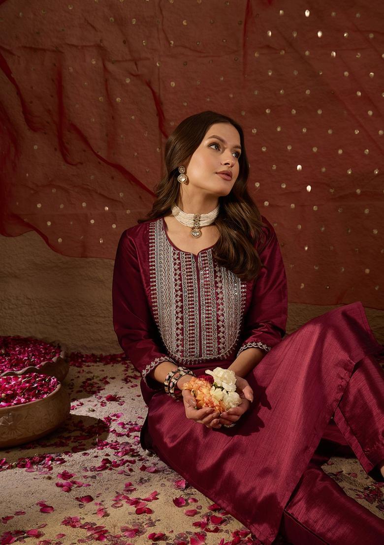 Maroon Embroidery Silk Kurta Set - Indya