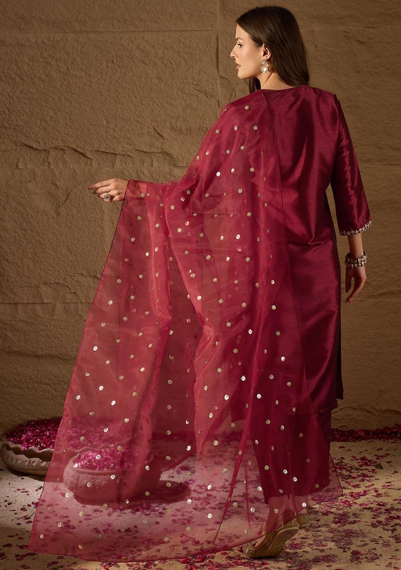 Maroon Embroidery Silk Kurta Set - Indya