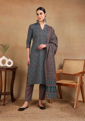Teal Printed Blended Kurta Set