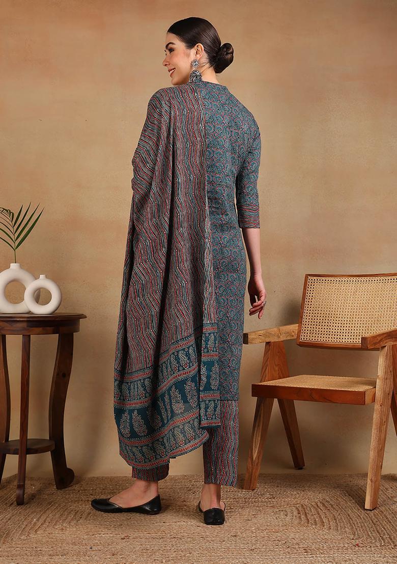 Teal Printed Blended Kurta Set - Indya