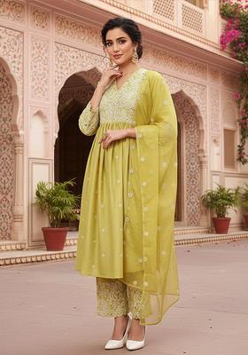 Yellow Embroidery Silk Kurta Set