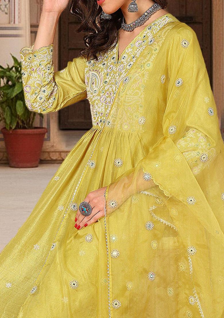 Yellow Embroidery Silk Kurta Set - Indya
