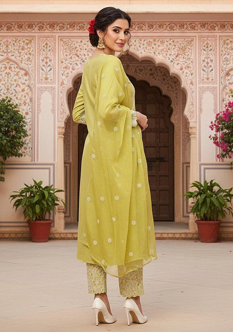 Yellow Embroidery Silk Kurta Set - Indya