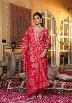 Red Printed Silk Kurta Set