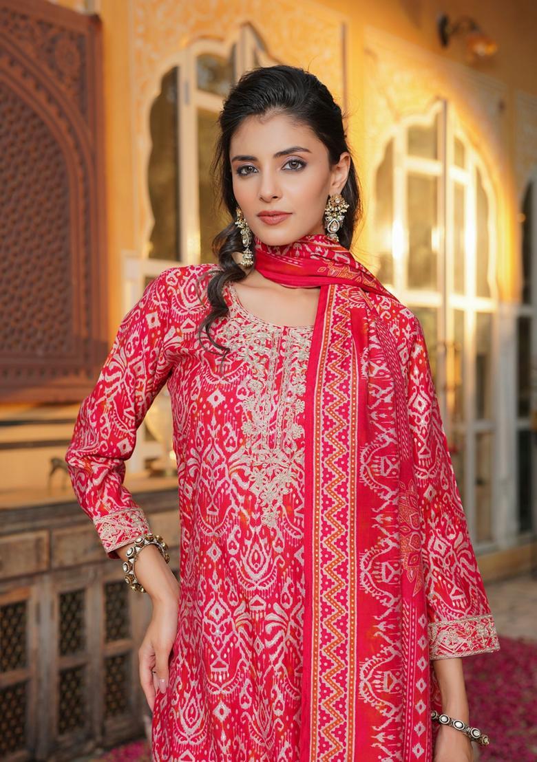 Red Printed Silk Kurta Set - Indya