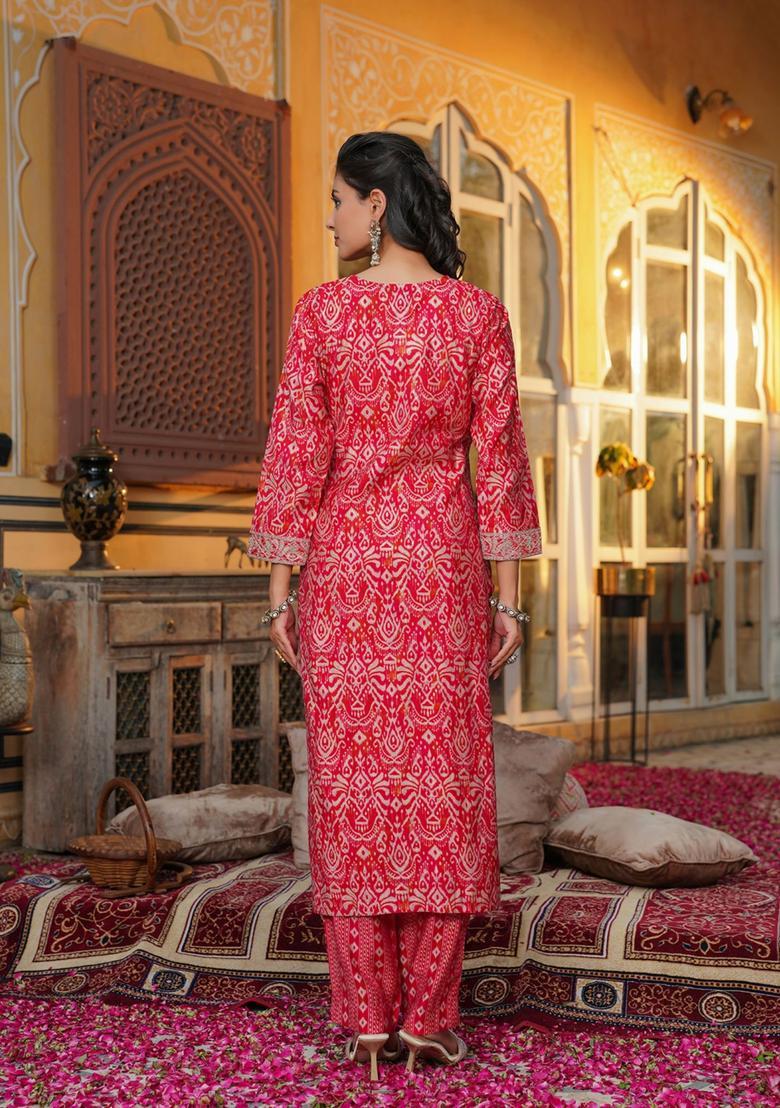 Red Printed Silk Kurta Set - Indya