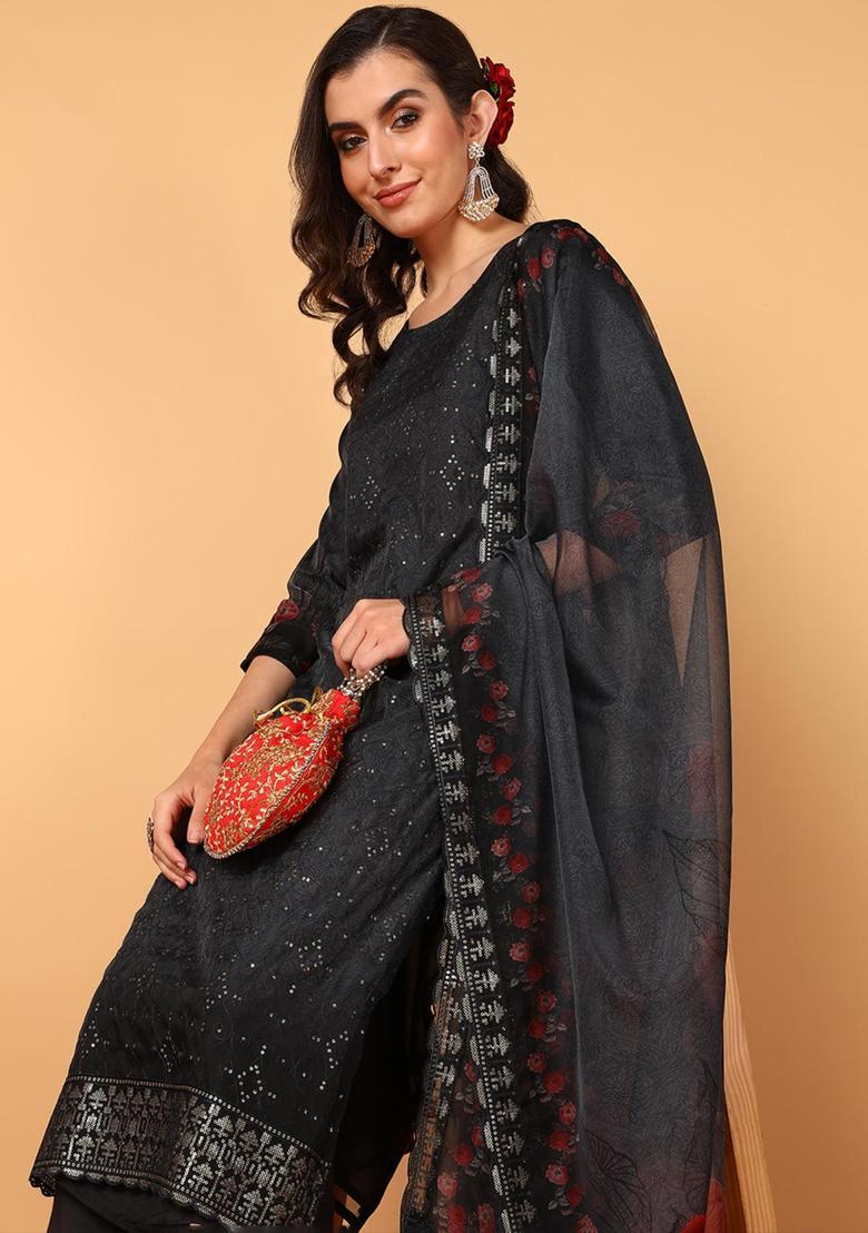Black Embroidery Organza Kurta Set - Indya