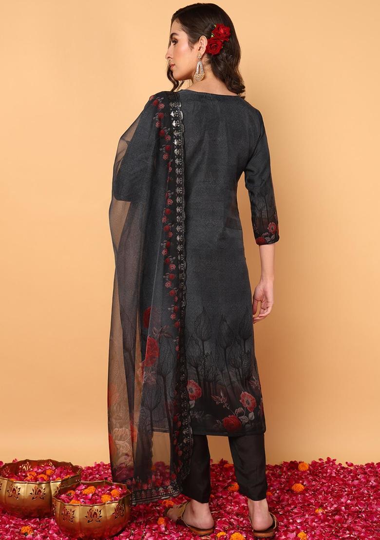 Black Embroidery Organza Kurta Set - Indya