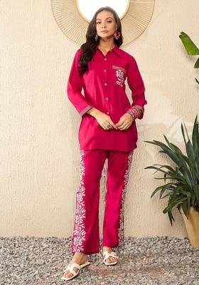 Pink Embroidery Silk Co-Ord Set