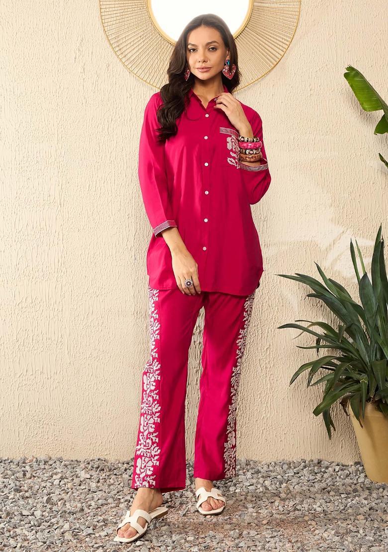 Pink Embroidery Silk Co-Ord Set - Indya