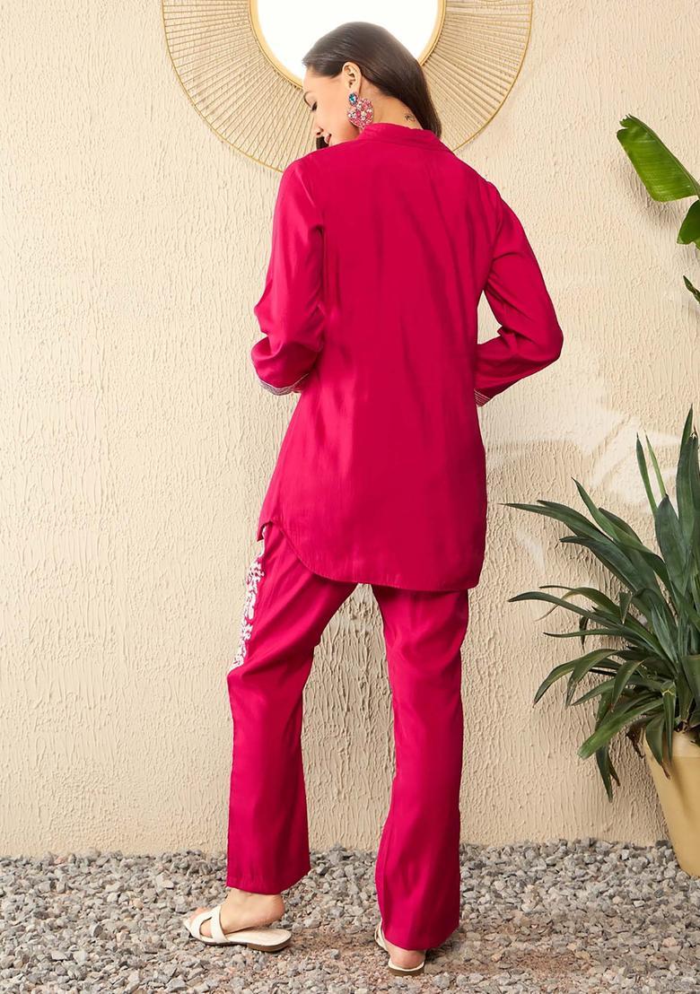 Pink Embroidery Silk Co-Ord Set - Indya