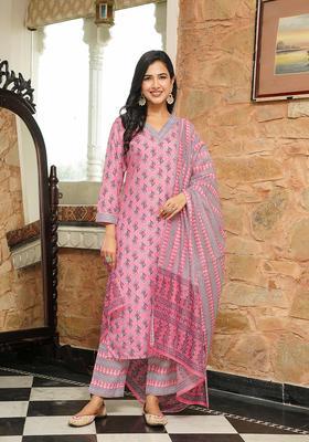 Pink Printed Rayon Kurta Set