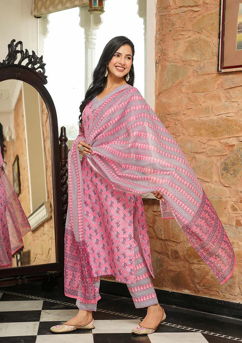 Pink Printed Rayon Kurta Set - Indya